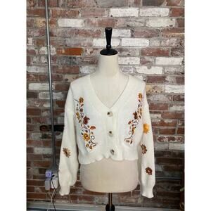 Floral Boho Cardigan Sweater Cottagecore Embroidery Button Down Knit